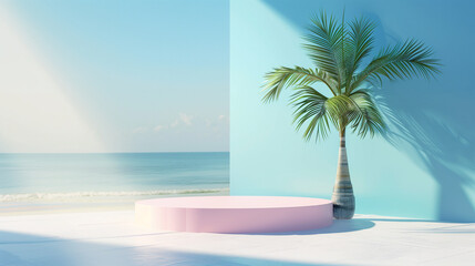 A beach scene with pink stage, palm tree and a blue ocean