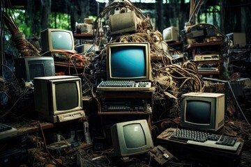 Deteriorated Old rusty computers. Vintage server. Generate Ai