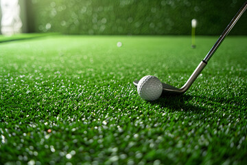 Golf ball with golf club on artificial putting green closeup web banner with copy space