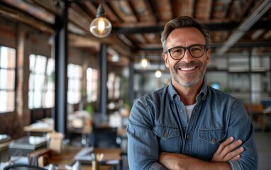 Obraz premium A multiracial man wearing a blue shirt and glasses stands with his arms crossed in a confident pose