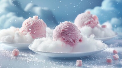 Rose Ice cream scoops among the clouds. Air ice cream. Light dessert taste - obrazy, fototapety, plakaty