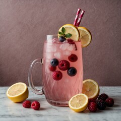 Fresh berries pink lemonade with lemon