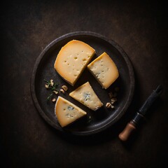 Top view of cheese on a black plate
