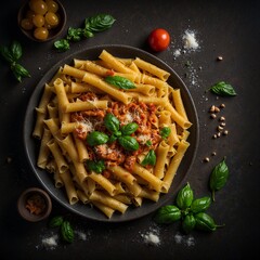Top view of pasta with tomato sauce - 754857942