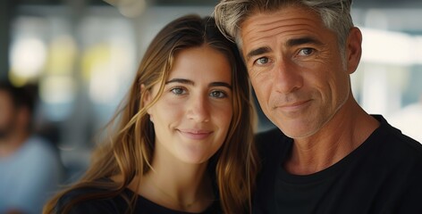 A multiracial man and woman are striking a pose in front of the camera, smiling and looking directly at the viewer - Powered by Adobe