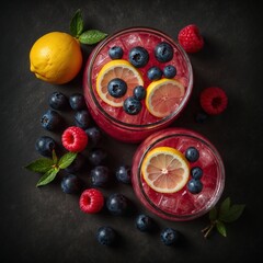 Top view of fresh lemonade with fruits and berries - 754857991