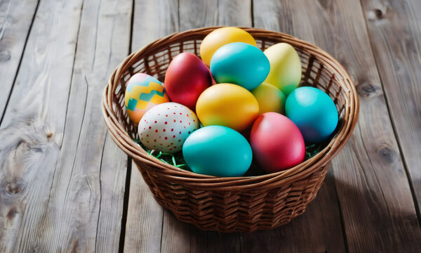 large wicker basket filled with variety of colorful Easter eggs, creating festive and cheerful scene. The basket placed on rustic wooden table. Concept of Pascha or Resurrection Sunday season
