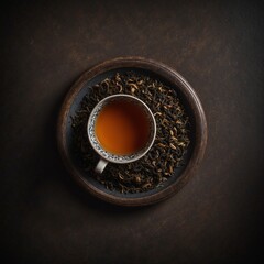 Top view of cup of black tea on a brown table