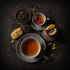 Top view of cup of black tea with citrus - 754858110