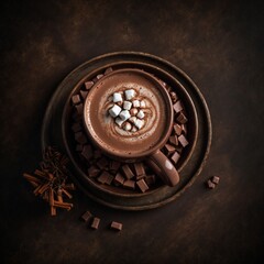 Top view of hot cocoa with chocolate on a dark background