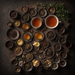 Top view of many different types of tea in cups and bowls - 754858122