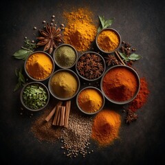 Various spices and herbs on black background - 754858158