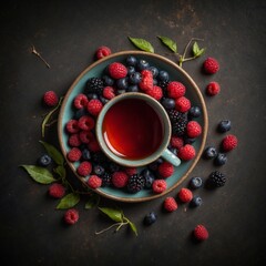 Top view of cup of tea with forest berries - 754858170