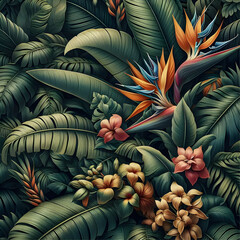 Egzotyczna tapeta, w kwiaty i liście motyw roślinny, dekoracja generative ai