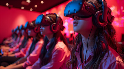 Group engaged in virtual reality experience. People in vr headsets immersed in virtual entertainment in a red-lit room