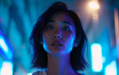 A multiracial woman stands in a room illuminated by vibrant neon lights