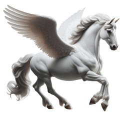 Obraz na płótnie Canvas White Pegasus horse with open spread wings, Transparent background. Isolated character. PNG file. Winged white stallion. Concept of Greek mythology, horse-god., immortality