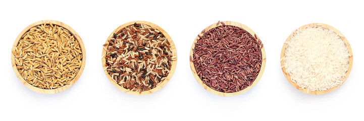 Dry organic rice seed collection in wooden bowl on white background, for healthy food ingredient or...
