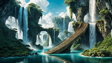 With a mountain waterfall as the backdrop