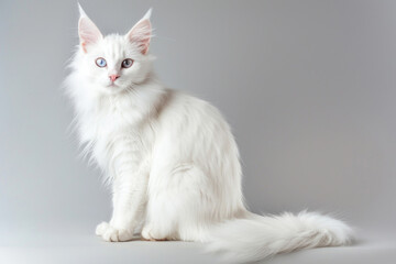 Graceful Turkish Angora cat with long, silky fur, large ears, and piercing blue eyes