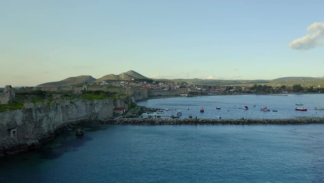 Methoni castle drone aerial view near the mediterranean sea in Greece