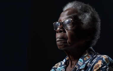 An older woman with glasses is gazing off to the side in this candid portrait