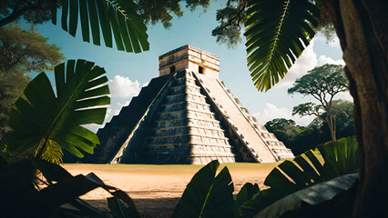 View of the Mayan pyramid Chichen Itza through the trees