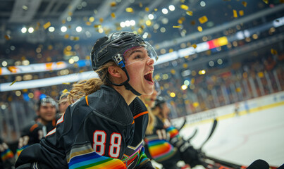 Professional female HBTQ ice hockey player celebrating the championship win - Big arena and crowd...