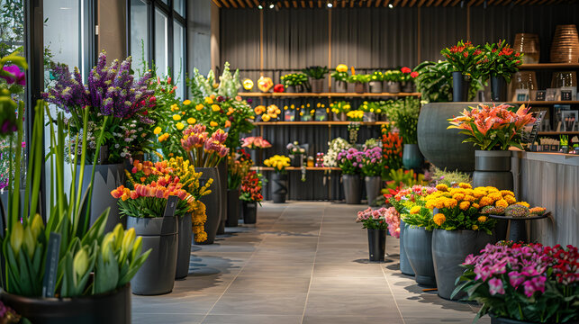 The interior of a modern flower shop, featuring sleek design and an array of colorful flowers and plants displayed in contemporary vases and planters.
