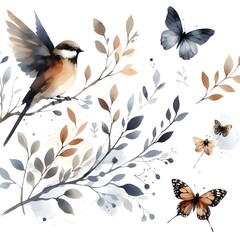 White Backdrop with Vintage Watercolor Birds and Leaves