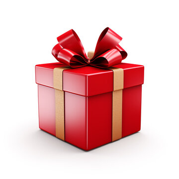 Red gift box with gold bow on white background сreated with Generative Ai
