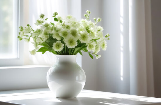 A bouquet of white flowers stands in a white vase on a white table.