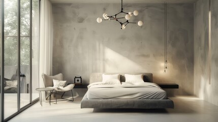 Minimalist Bedroom with Sleek Pendant Lamp