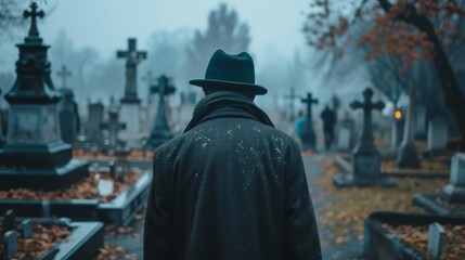 A multiracial man wearing a black coat and hat strolls through a cemetery