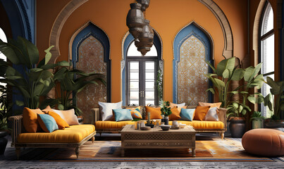Moroccan style living room design, interior design example - obrazy, fototapety, plakaty