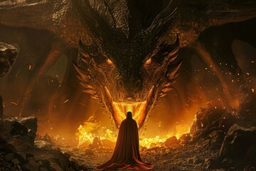 A dark sorcerer seeking to control the Black King Dragon igniting a conflict that could determine the fate of magical and human realms alike - obrazy, fototapety, plakaty