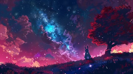 Fototapeta na wymiar A whimsical tale of a rabbit who dreams of the Nebula Galaxy and finds ways to project its beauty into the night sky back home