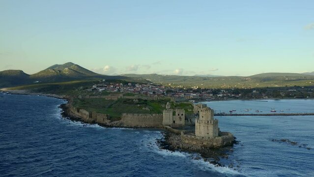 Methoni castle drone aerial view near the mediterranean sea in Greece