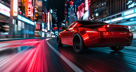 Rear view of red Business car on high speed in night city. Red car rushing along a high-speed highway.