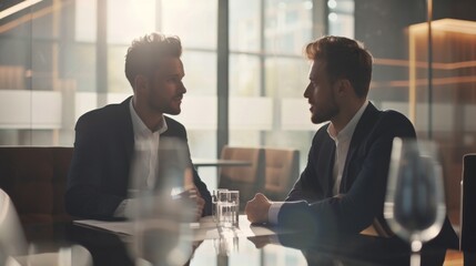 Two diverse men are seated at a table engaging in conversation
