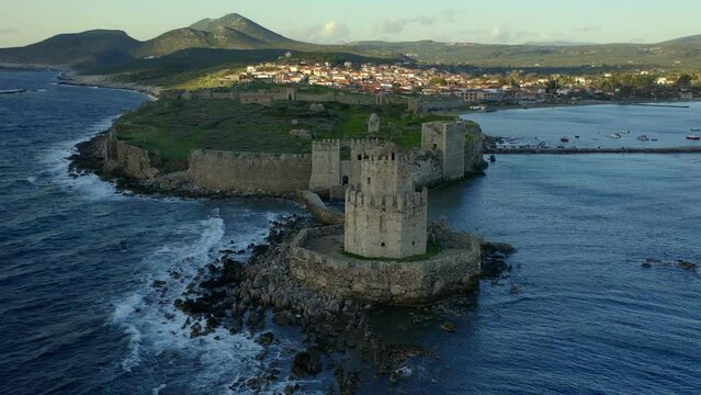 Methoni castle drone aerial view near the mediterranean sea in Greece