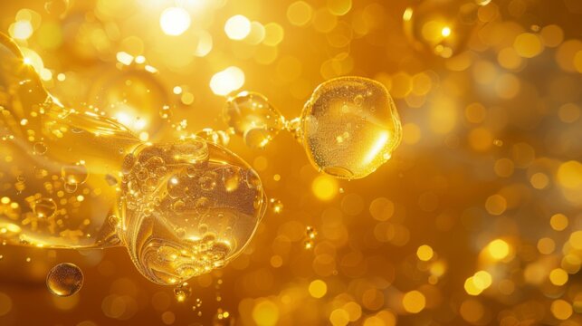 Golden Shimmery Core Bubbles Against Yellow Background. Gold Sphere. 