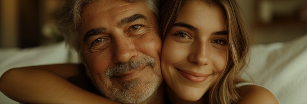A man and a woman of different ethnic backgrounds embrace in a warm hug on a bed - Powered by Adobe