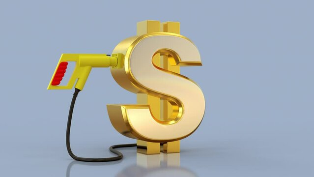 Animation of an electric car charging plug with a gold dollar on a blue background. 3d rendering.