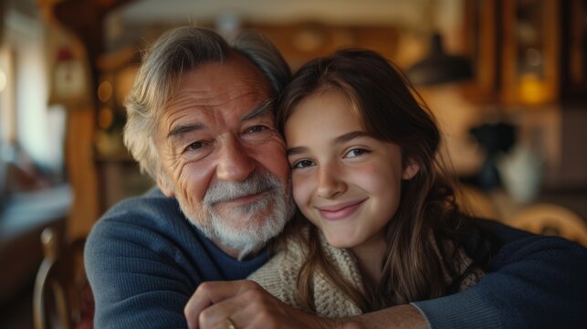 An older man and young girl are embracing in a warm hug, showing love and connection