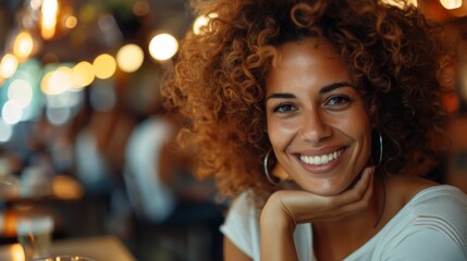 A multiracial woman with curly hair smiling directly at the camera - Powered by Adobe
