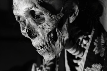 skeletal japanese witch . Her skin is rotten. In the style of horror movie
