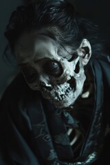 skeletal japanese witch . Her skin is rotten. In the style of horror movie
