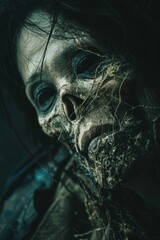 skeletal japanese witch . Her skin is rotten. In the style of horror movie

