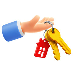 Hand holding or giving keys with keychain in the form of house. Real estate concept, buying, selling, protection, security, property insurance. Isolated on white. Vector 3d realistic illustration